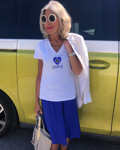 LOVE and HEART in NAVY BLUE Organic White V-Neck