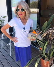 Load image into Gallery viewer, COCO SMALL LOGO IN RITZ BLUE | Organic V-Neck White T-Shirt