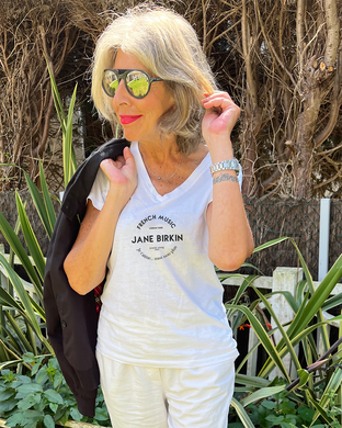 JANE BIRKIN | STYLE ICON Organic V-Neck White T-Shirt
