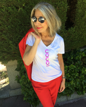Load image into Gallery viewer, COCO PARIS VERTICAL PURPLE PINK Organic V-Neck White T-Shirt