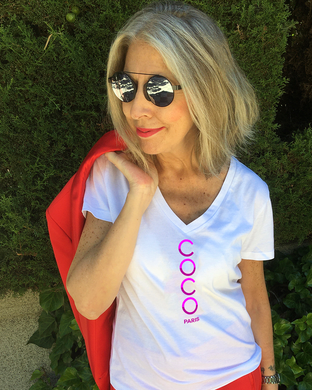 COCO PARIS VERTICAL PURPLE PINK Organic V-Neck White T-Shirt