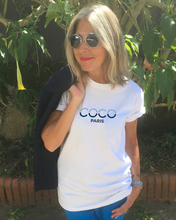 Load image into Gallery viewer, COCO PARIS BLUE &amp; NAVY SPLIT LETTERS White T-Shirt