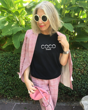 Load image into Gallery viewer, COCO PARIS GREY &amp; WHITE  SPLIT LETTERS  Black T-Shirt