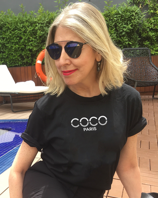 COCO PARIS GREY & WHITE  SPLIT LETTERS  Black T-Shirt