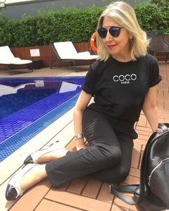 COCO PARIS GREY & WHITE  SPLIT LETTERS  Black T-Shirt