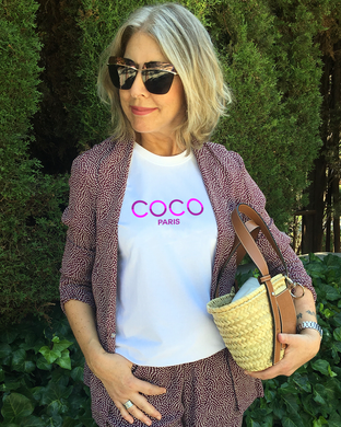 COCO PARIS PURPLE & PINK  SPLIT LETTERS White T-Shirt