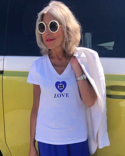 LOVE and HEART in NAVY BLUE Organic White V-Neck