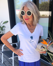 Load image into Gallery viewer, COCO SMALL LOGO IN RITZ BLUE | Organic V-Neck White T-Shirt