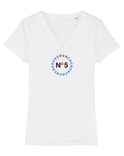 Load image into Gallery viewer, COCO Nº 5 BLACK AND BLUE Organic V-Neck White Shirt