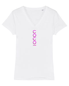 COCO PARIS VERTICAL PURPLE PINK Organic V-Neck White T-Shirt