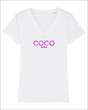 Load image into Gallery viewer, COCO PARIS PURPLE PINK Organic V-Neck White T-Shirt