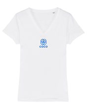 Load image into Gallery viewer, COCO BLUE CAMELLIA Organic V-Neck White  T-Shirt
