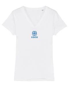 COCO BLUE CAMELLIA Organic V-Neck White  T-Shirt