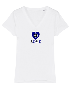 LOVE and HEART in NAVY BLUE Organic White V-Neck