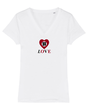 Load image into Gallery viewer, LOVE and HEART in BURGUNDY Organic White V-Neck