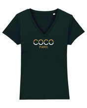 Load image into Gallery viewer, COCO PARIS CAMEL &amp; WHITE SPLIT LETTERS Organic V-Neck T-Shirt