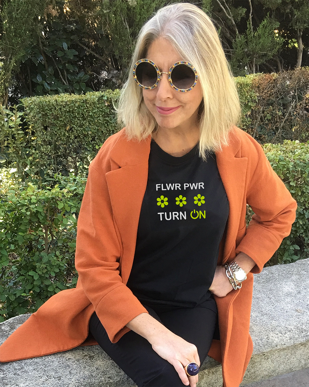 FLWR PWR (Flower Power) TURN  ON Black T-Shirt